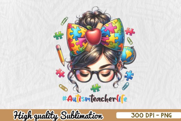 Afro Messy Bun Autism Teacher Life PNG